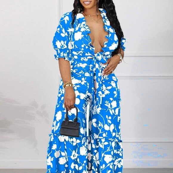 Sexy Print Plus-Size Suit with Flanged Edge Wide Leg Strap High Waist V-Neck - Picture 6 of 7